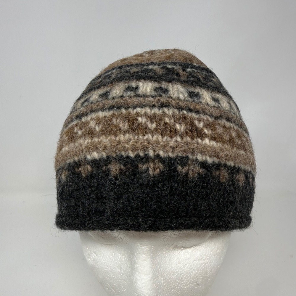 Everest Designs Nepal 100% Wool Fleece Lined Fair Isle Beanie Hat Brown Black